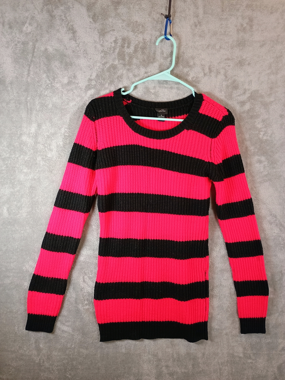 Rue21 Hot Pink and Black Striped Ribbed Crewneck Sweater